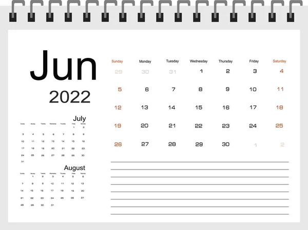 Kalender Voor Juni 2022 Vectorillustratie — Stockvector