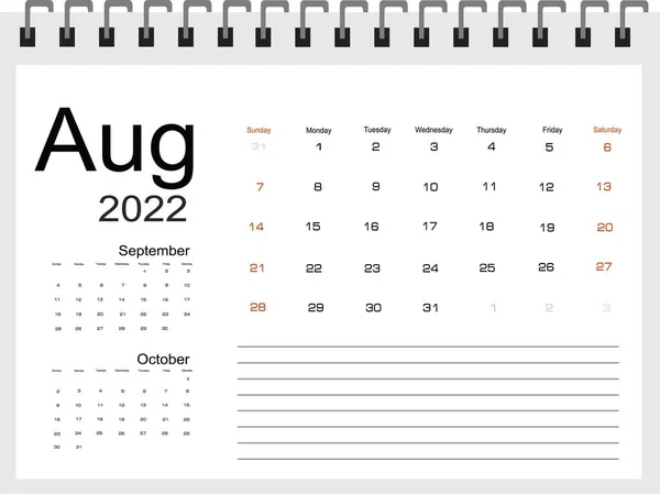 Kalender Für August 2022 Vektorillustration — Stockvektor