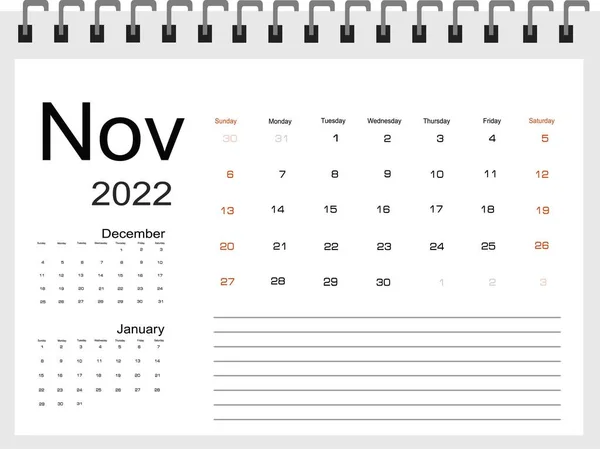 Kalenderblatt Für November 2022 — Stockvektor
