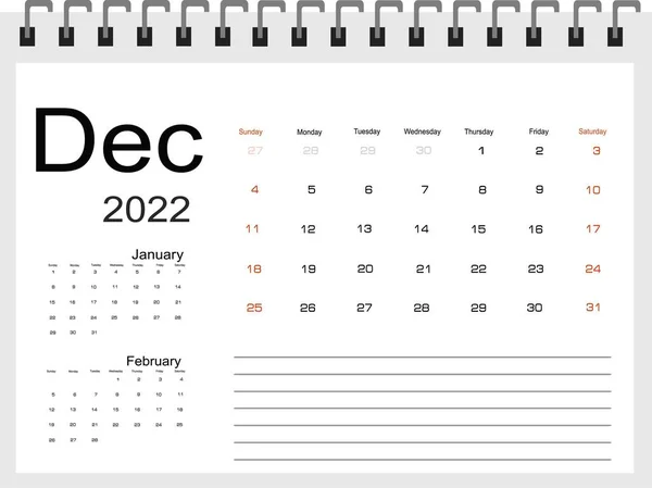 Kalender Voor December 2022 Vectorillustratie — Stockvector