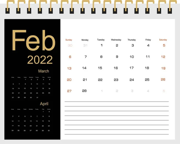 Calendrier Pour Février 2022 Illustration Vectorielle — Image vectorielle