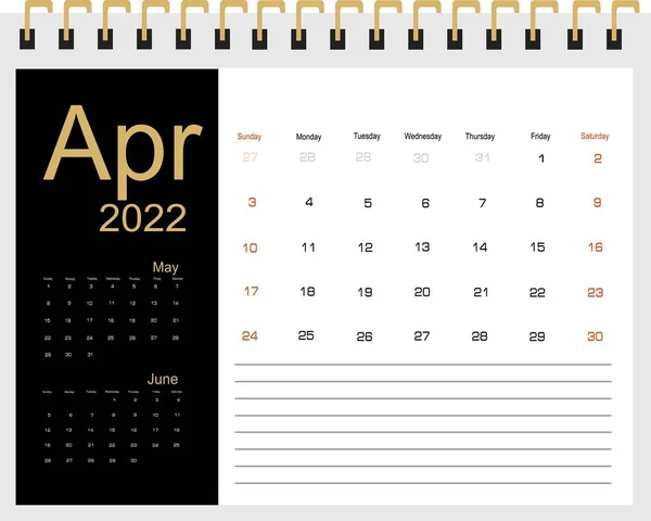 Ημερολόγιο Απριλίου 2022 Διανυσματική Απεικόνιση — Διανυσματικό Αρχείο