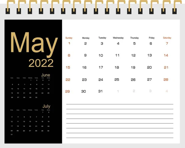 Calendrier Pour Mai 2022 Illustration Vectorielle — Image vectorielle