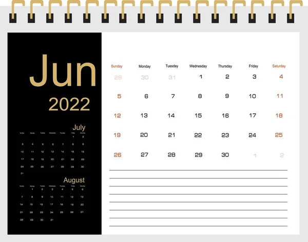 Kalender Voor Juni 2022 Vectorillustratie — Stockvector