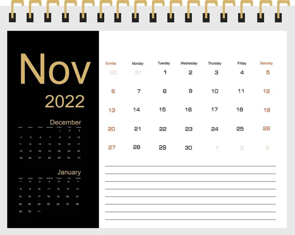 Kalender Voor November 2022 Vectorillustratie — Stockvector