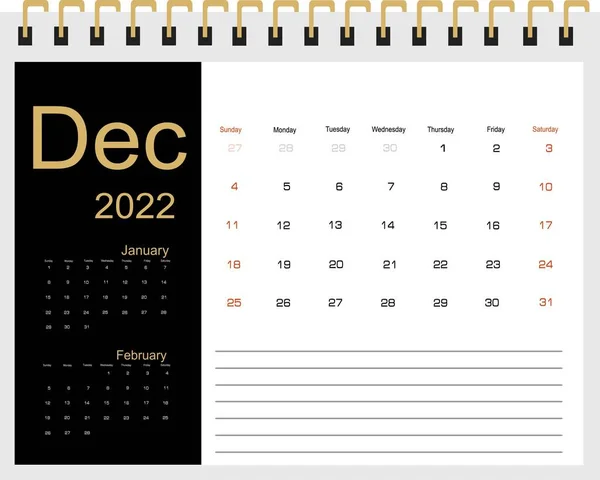 Calendrier Pour Décembre 2022 Illustration Vectorielle — Image vectorielle