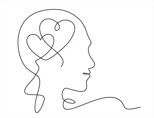 人的脸和大脑与心脏的图标 用线条艺术设计的头部矢量字符的概要说明 连续单行绘图 — 图库矢量图片