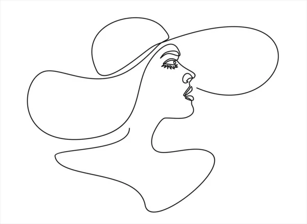 在白色背景上与世隔绝的戴帽子的漂亮女人 连续画一条线 — 图库矢量图片