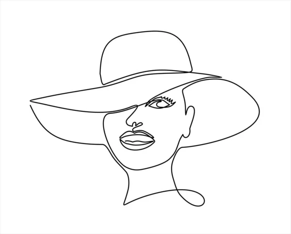 Hermosa Mujer Sombrero Aislado Sobre Fondo Blanco Dibujo Continuo Una — Vector de stock