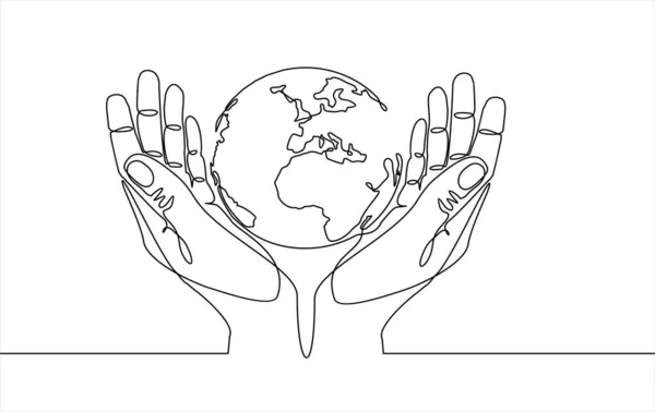 Hands Holding Earth Globe Vector Illustration Continuous One Line Drawing — Stock Vector