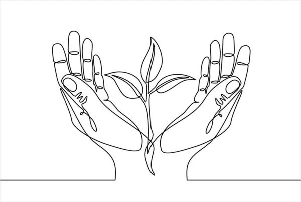 Hand Drawn Line Art Human Hands Holding Plant Continuous One — Stock Vector