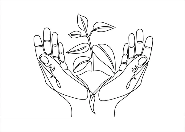 Hand Drawn Line Art Human Hands Holding Plant Continuous One — Stock Vector