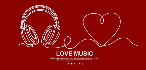 Abstract Background Love Music Headphones Continuous One Line Drawing — Stock Vector