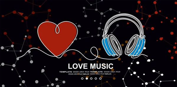 Abstract Background Love Music Headphones Continuous One Line Drawing — Stock Vector