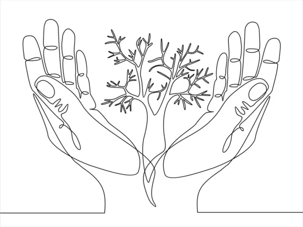 Hand Drawn Line Art Human Hands Tree Vector Illustration Continuous — Stock Vector