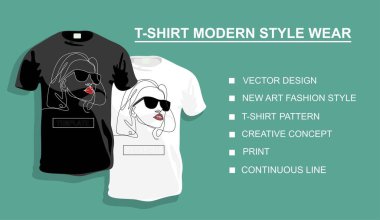 Tasarımın için güneş gözlüklü bir kadın tişörtü. Vektör illüstrasyonu. Sürekli bir doğru çizimi.