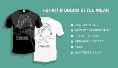 Tasarımın için bir kadınla tişört şablonu. Vektör illüstrasyonu. Sürekli bir doğru çizimi.