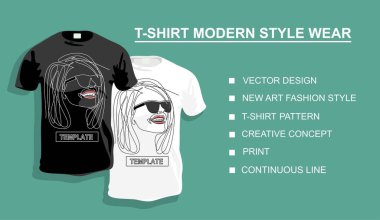 Tasarımın için güneş gözlüklü bir kadın tişörtü. Vektör illüstrasyonu. Sürekli bir doğru çizimi.