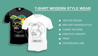 Tasarımın için bir kadınla tişört şablonu. Vektör illüstrasyonu. Sürekli bir doğru çizimi.