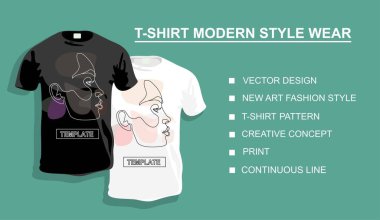 Tasarımın için bir kadınla tişört şablonu. Vektör illüstrasyonu. Sürekli bir doğru çizimi.
