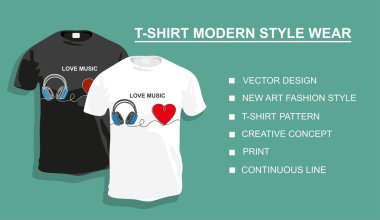 Tasarımın için üzerinde aşk müziği metni olan tişört şablonu. Vektör illüstrasyonu. Sürekli bir doğru çizimi.