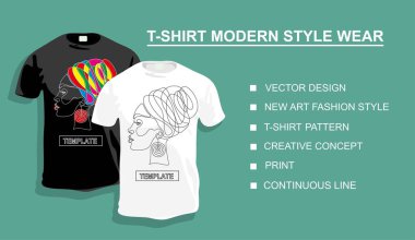 Tasarımın için kadın yüzü olan tişört şablonu. Vektör illüstrasyonu. Sürekli bir doğru çizimi.