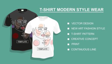 Tasarımın için kadın yüzleri olan tişört şablonu. Vektör illüstrasyonu. Sürekli bir doğru çizimi.