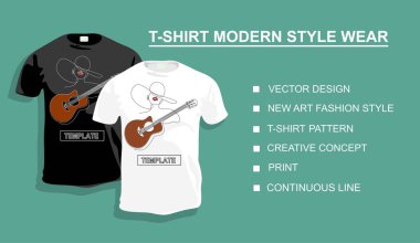 Tasarımın için gitarlı tişört şablonu. Vektör illüstrasyonu. Sürekli bir doğru çizimi.