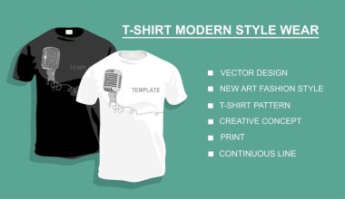 Tasarımın için üzerinde mikrofon olan tişört şablonu. Vektör illüstrasyonu. Sürekli bir doğru çizimi.