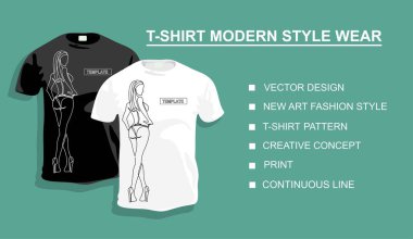 Tasarımın için bir kadınla tişört şablonu. Vektör illüstrasyonu. Sürekli bir doğru çizimi.