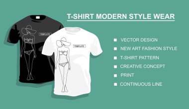 Tasarımın için bir kadınla tişört şablonu. Vektör illüstrasyonu. Sürekli bir doğru çizimi.