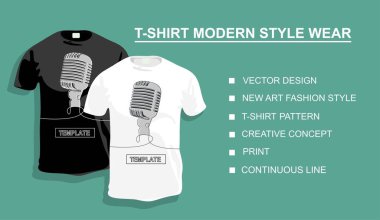 Tasarımın için üzerinde mikrofon olan tişört şablonu. Vektör illüstrasyonu. Sürekli bir doğru çizimi.