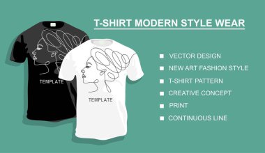 Tasarımın için bir kadınla tişört şablonu. Vektör illüstrasyonu. Sürekli bir doğru çizimi.