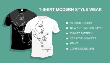 Tasarımın için üzerinde kadın ve erkek yüzleri olan tişört tasarımı. Vektör illüstrasyonu. Sürekli bir doğru çizimi.