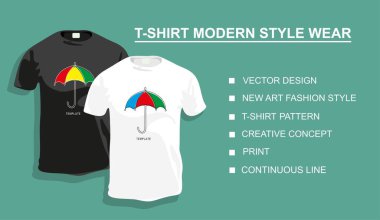 Tasarımın için şemsiyeli tişört şablonu. Vektör illüstrasyonu. Sürekli bir doğru çizimi.