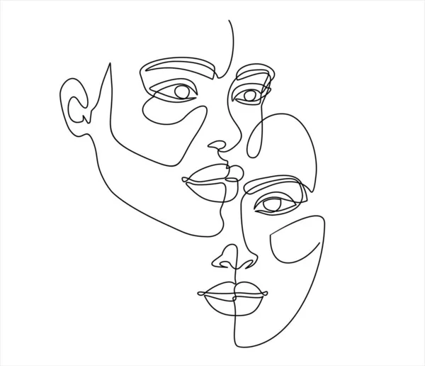 Beautiful Women Faces Isolated White Background Continuous One Line Drawing — Stock Vector