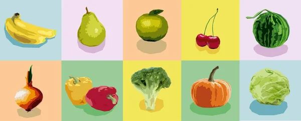 Set Fruits Vegetables Vector Illustration — Stock Vector