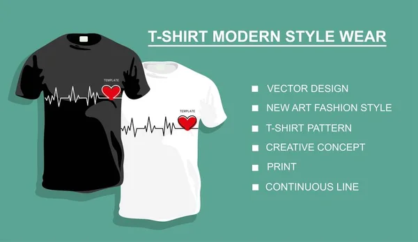 あなたのデザインのための心を持つTシャツテンプレート ベクトル図 連続線画 — ストックベクタ