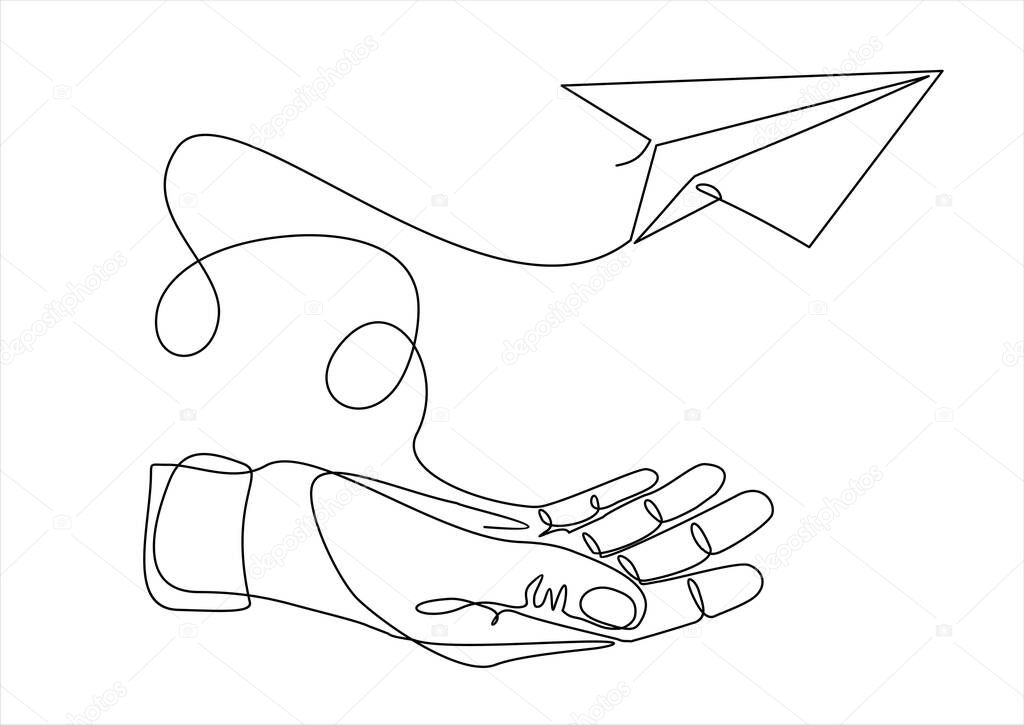 hand drawn vector illustration of with  flying plane. Continuous one line drawing