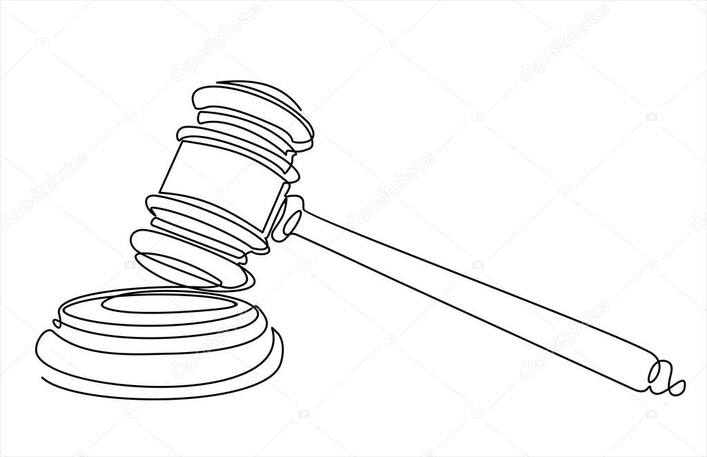 judge gavel isolated on white background.Continuous one line drawing
