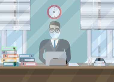 businessman working with laptop in office. vector illustration