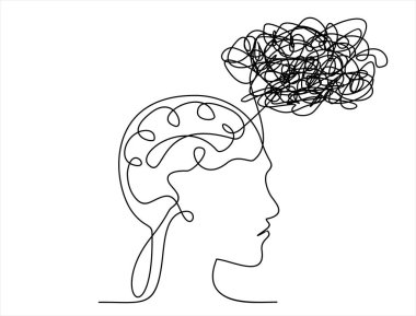 İnsan yüzü ve beyin ikonu. Çizgi çizimi ile baş vektör karakterinin tasviri. Devam eden bir çizgi çizimi