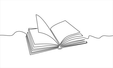 Bir satır sanat tarzı vektör illüstrasyonunda açık bir kitap. Sürekli bir satır çizimi