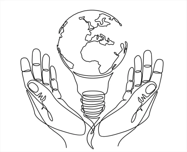 Hands Holding World Globe Vector Illustration Continuous One Line Drawing — Stock Vector