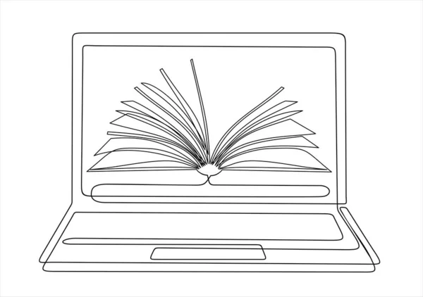 Otwarta Książka Laptopem Wektor Ilustracji Ciągły Rysunek Jednej Linii — Wektor stockowy