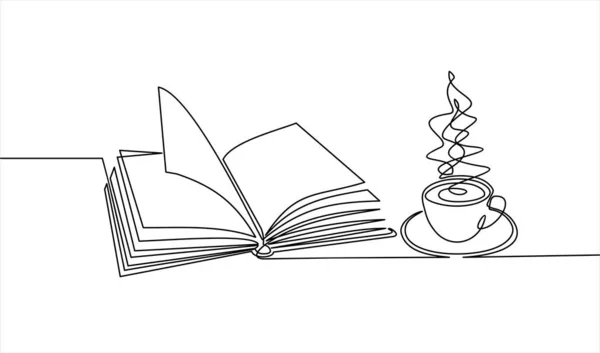 书籍和杯子咖啡矢量图解设计 连续单行绘图 — 图库矢量图片