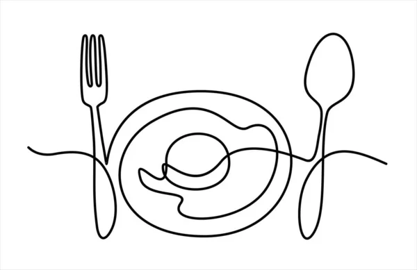 带有平面矢量图解设计的勺子和叉子 连续单行绘图 — 图库矢量图片