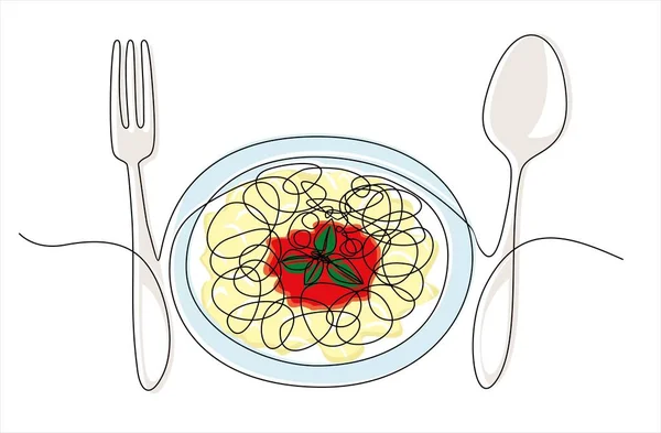 Plate Fork Spoon Pasta Continuous One Line Drawing — ストックベクタ