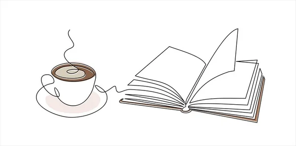 Taza Café Libro Ilustración Vectorial Dibujo Continuo Una Línea — Vector de stock