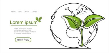 Küre ve bitkinin vektör illüstrasyonu. Sürekli tek bir çizgi çiziyor.